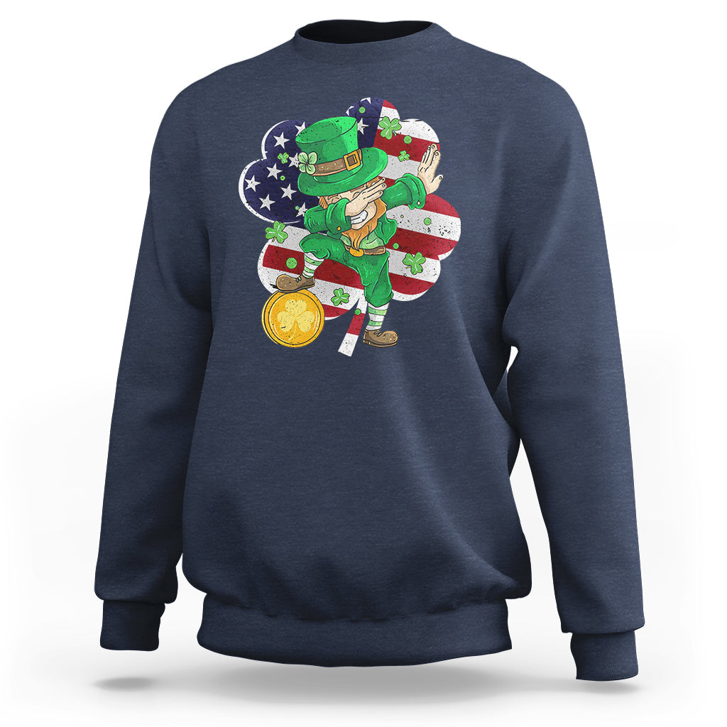 Cute St. Patricks Day Sweatshirt Dabbing Leperchaun American Flag Shamrock - Wonder Print Shop