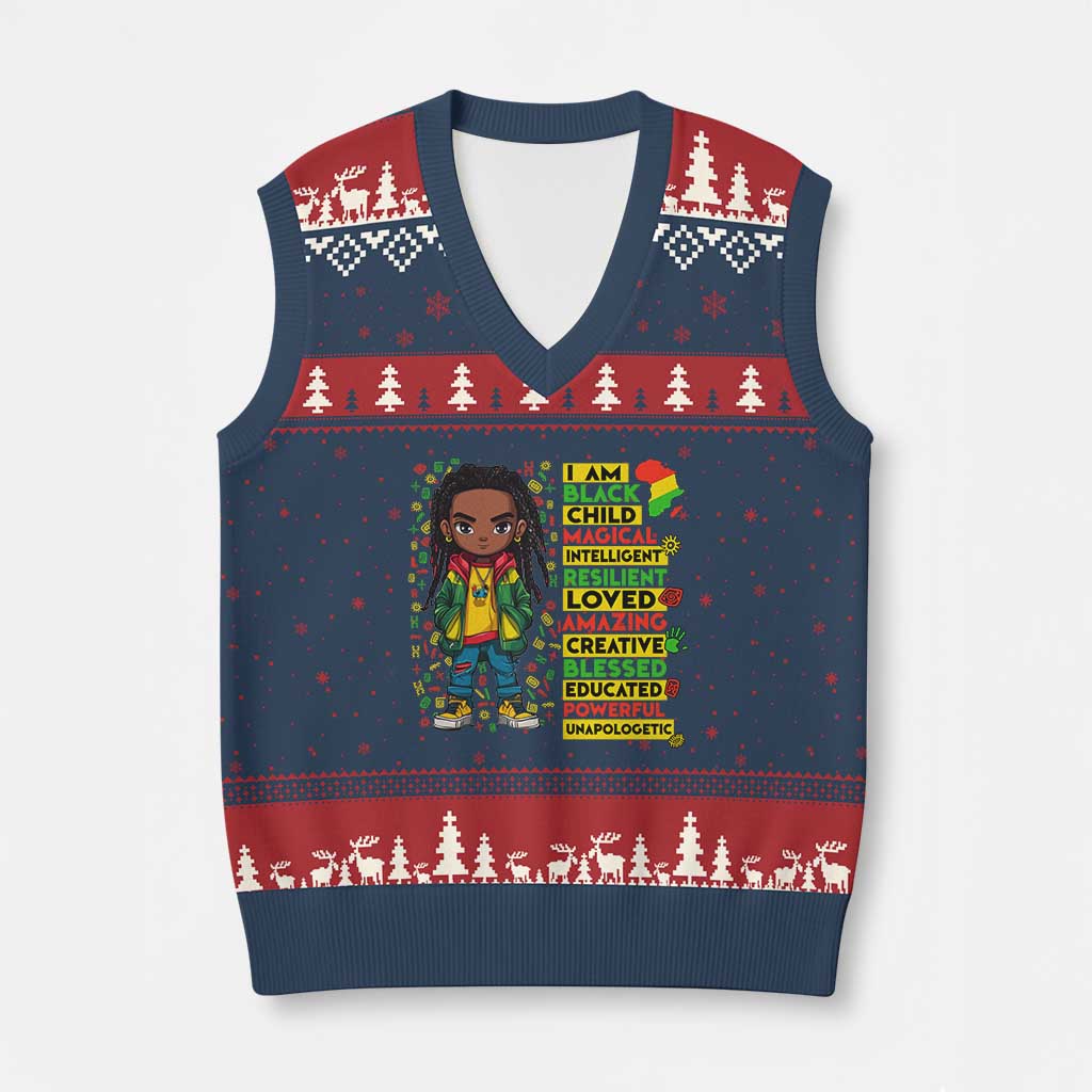 I Am Black Child V-Neck Knit Sweater Vest Locd Boy African American Pride Black History Month - Wonder Print Shop