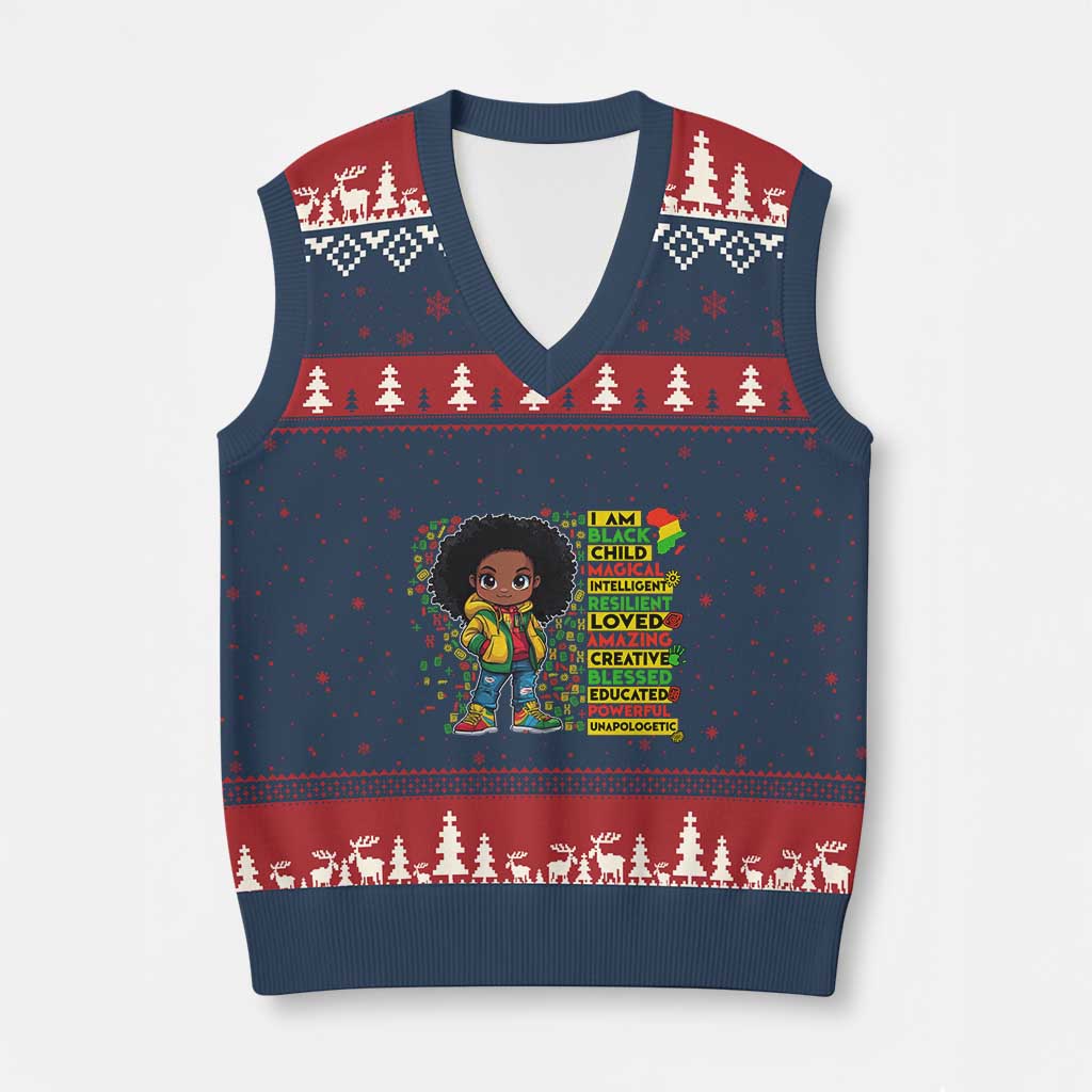 I Am Black Child V-Neck Knit Sweater Vest Afro Girl African American Pride Black History Month - Wonder Print Shop