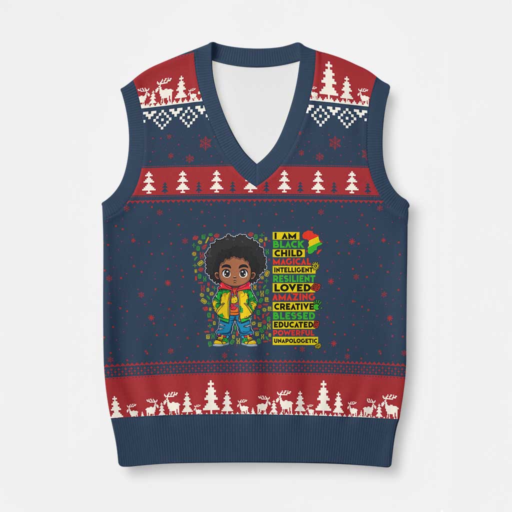 I Am Black Child V-Neck Knit Sweater Vest Afro Boy African American Pride Black History Month - Wonder Print Shop