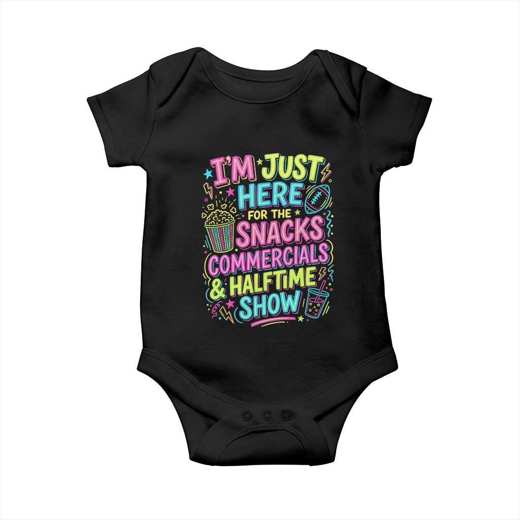 I'm Just Here for The Snacks Commercials Halftime Show Baby Onesie Funny Game Day Neon Style