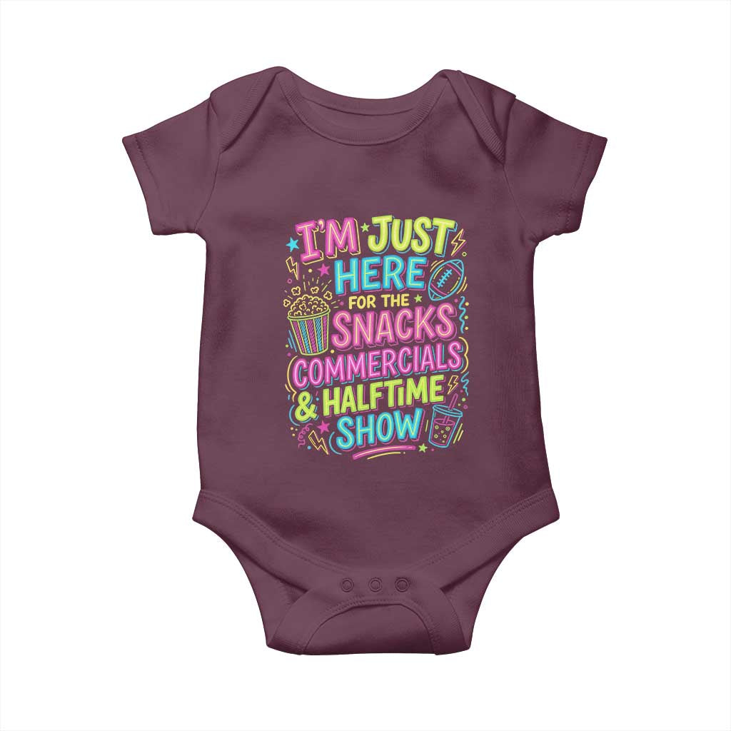 I'm Just Here for The Snacks Commercials Halftime Show Baby Onesie Funny Game Day Neon Style