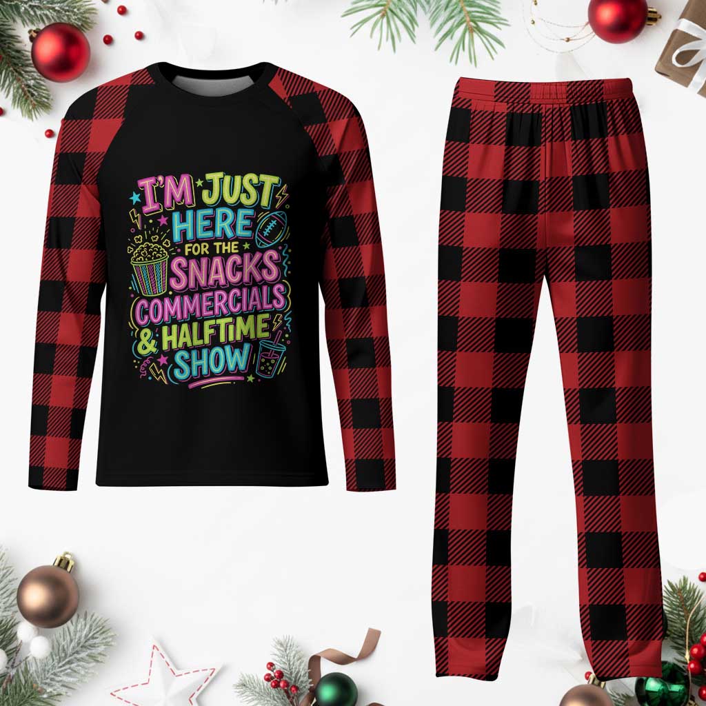 I'm Just Here for The Snacks Commercials Halftime Show Plaid Pajama Set Funny Game Day Neon Style