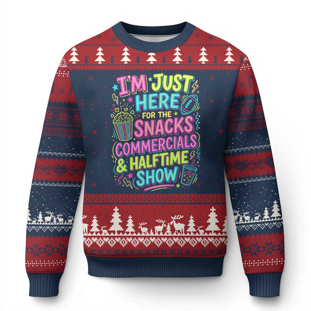 I'm Just Here for The Snacks Commercials Halftime Show Ugly Christmas Sweater Funny Game Day Neon Style