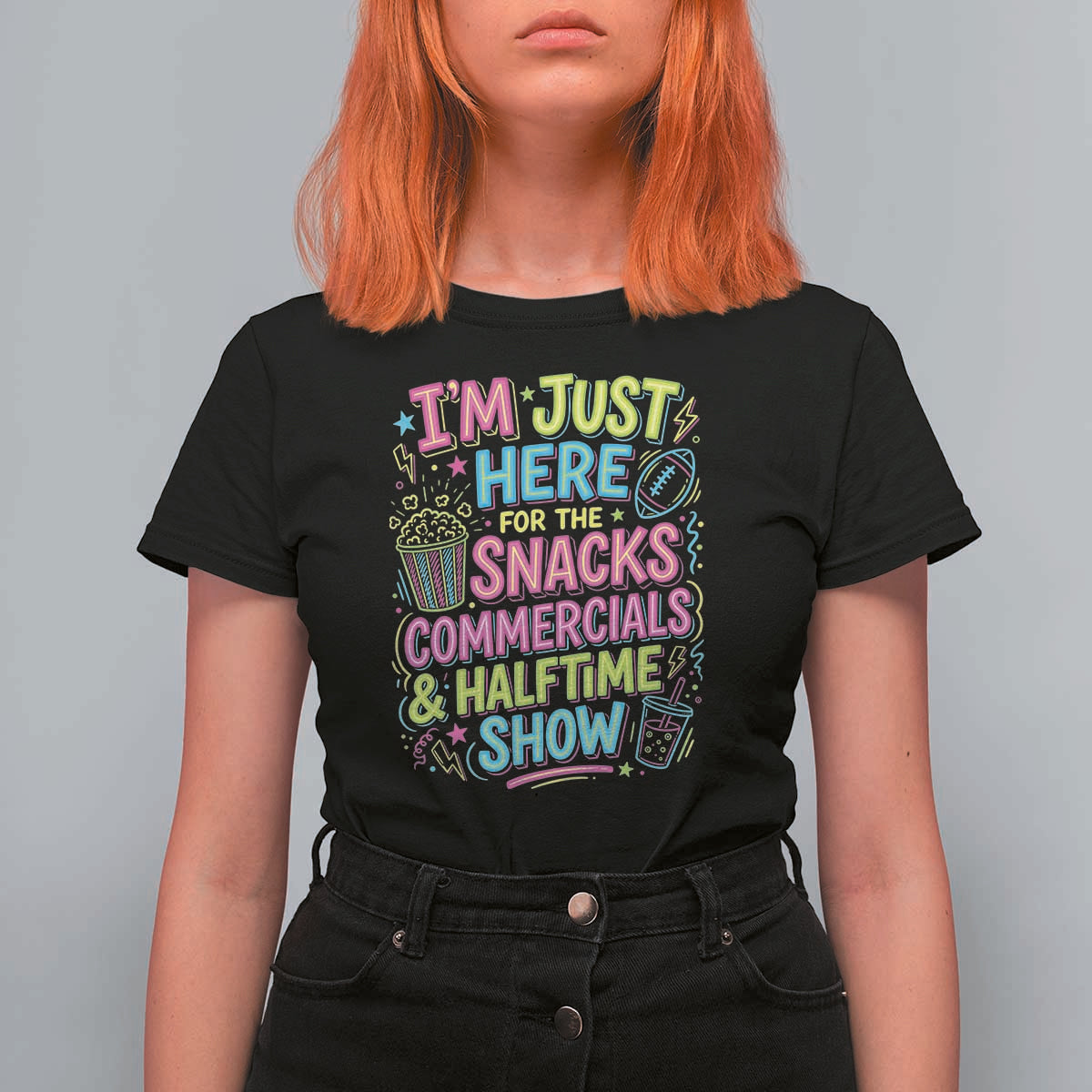 I'm Just Here for The Snacks Commercials Halftime Show T Shirt For Women Funny Game Day Neon Style