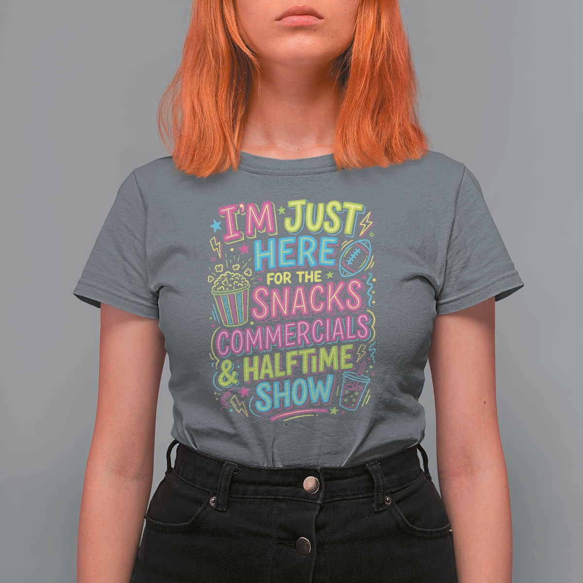 I'm Just Here for The Snacks Commercials Halftime Show T Shirt For Women Funny Game Day Neon Style