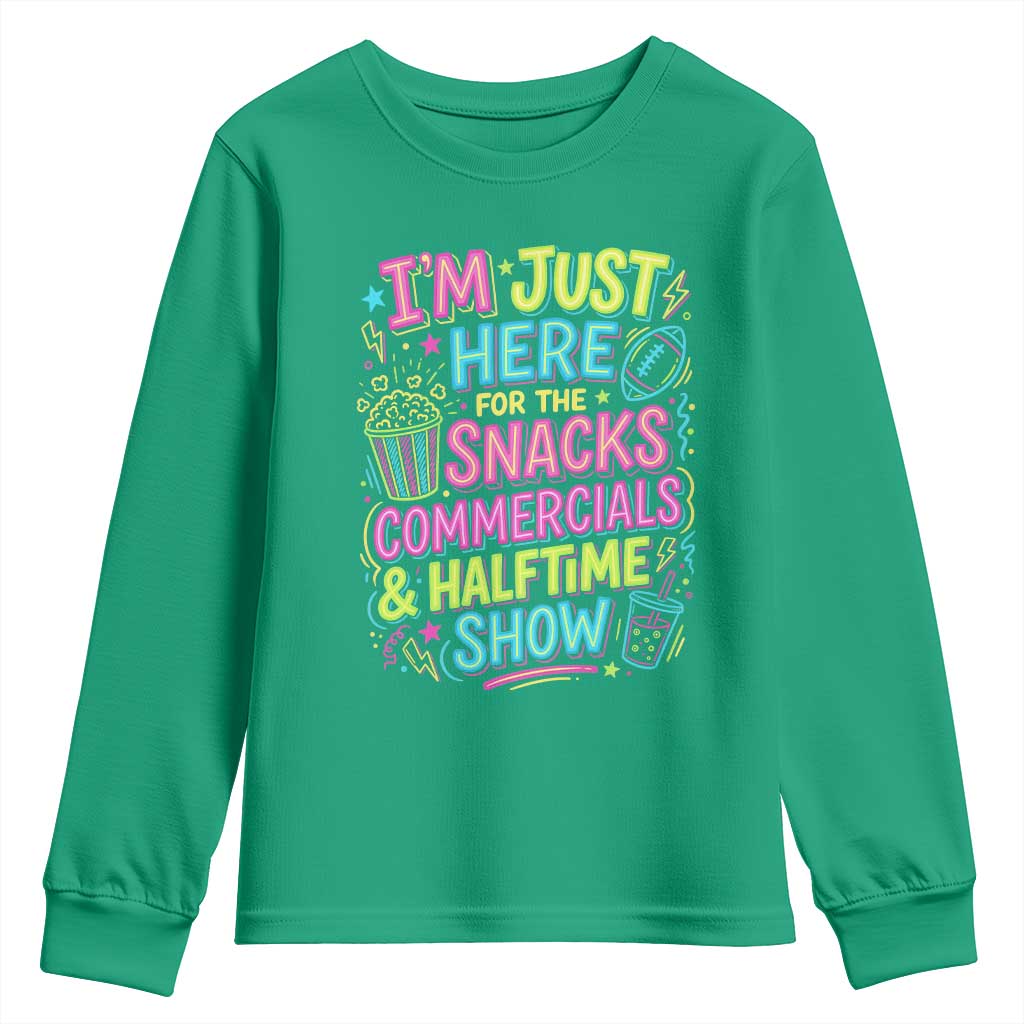 I'm Just Here for The Snacks Commercials Halftime Show Youth Sweatshirt Funny Game Day Neon Style