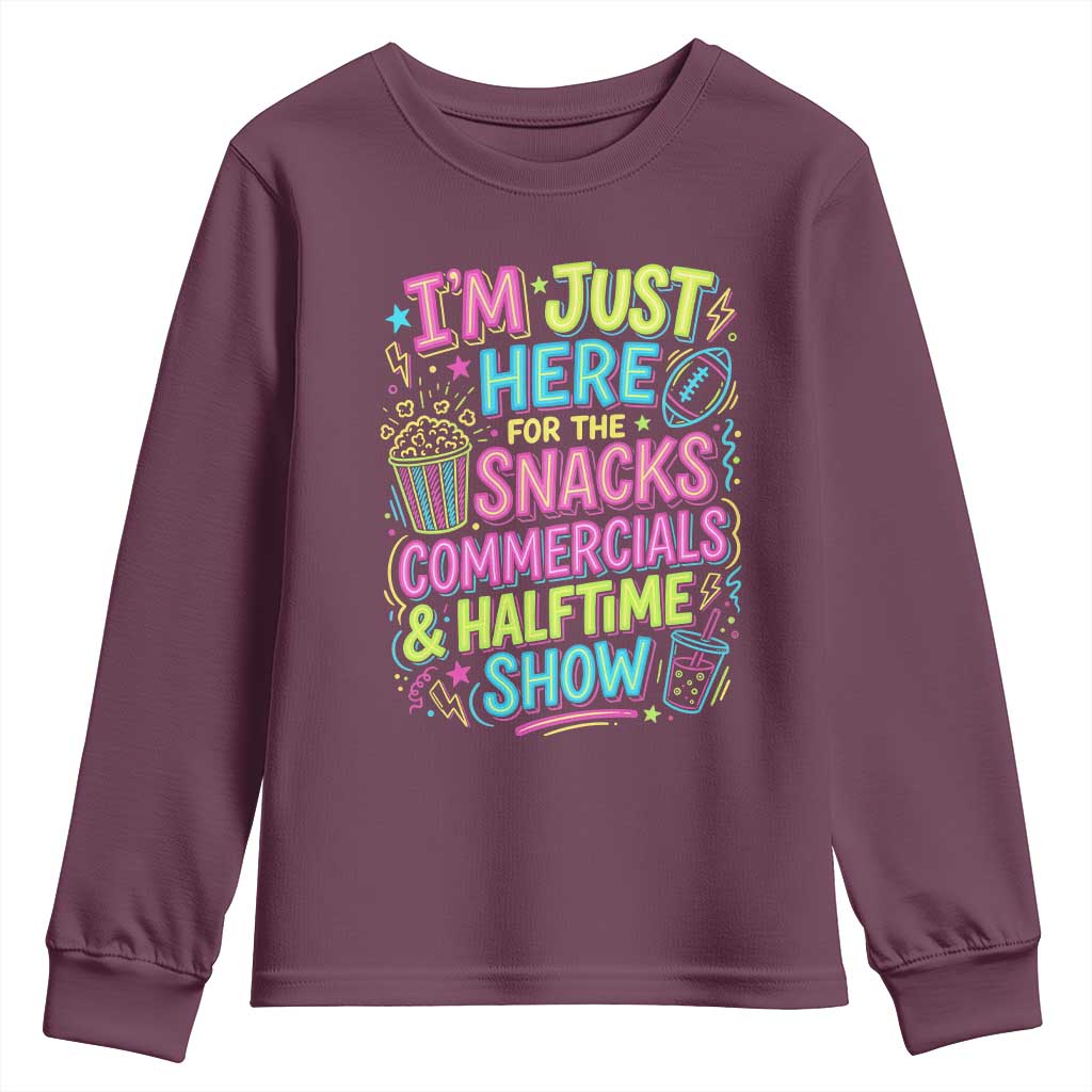 I'm Just Here for The Snacks Commercials Halftime Show Youth Sweatshirt Funny Game Day Neon Style