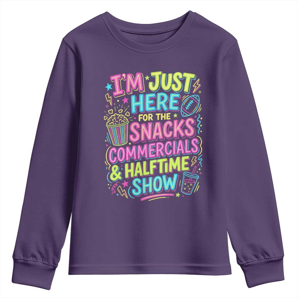 I'm Just Here for The Snacks Commercials Halftime Show Youth Sweatshirt Funny Game Day Neon Style