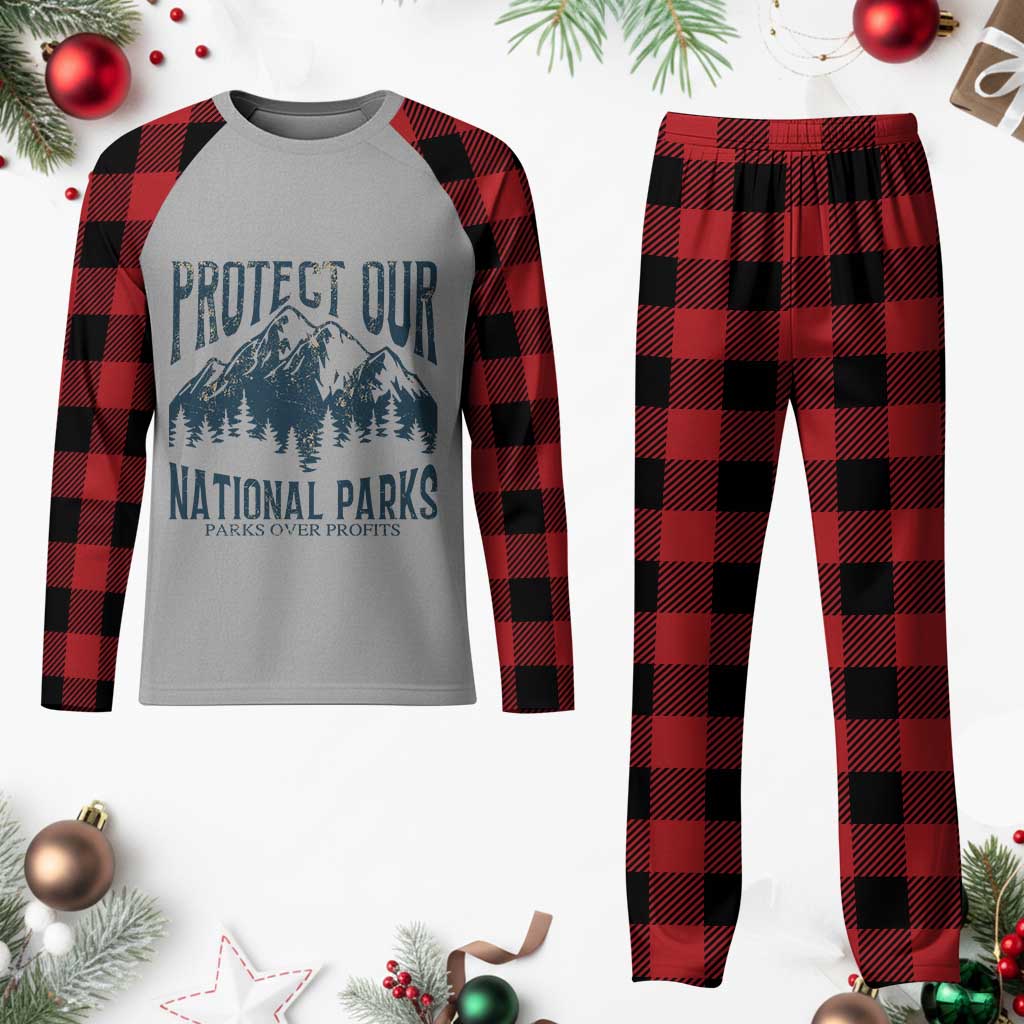 Protect Our National Parks Plaid Pajama Set Retro Mountain Nature Graphic - Wonder Print Shop