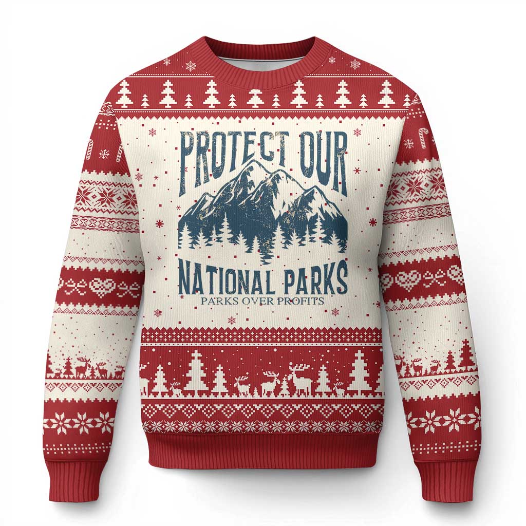Protect Our National Parks Ugly Christmas Sweater Retro Mountain Nature Graphic - Wonder Print Shop