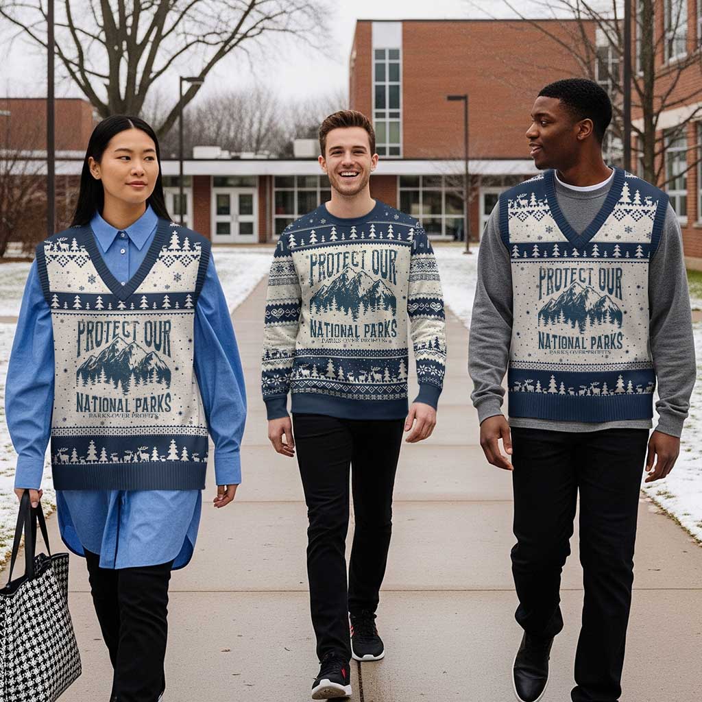 Protect Our National Parks V-Neck Knit Sweater Vest Retro Mountain Nature Graphic - Wonder Print Shop