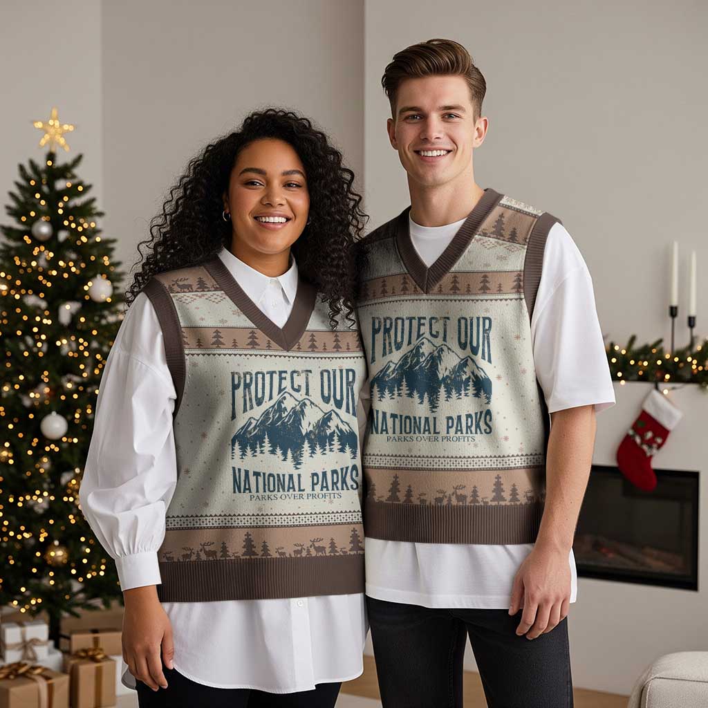 Protect Our National Parks V-Neck Knit Sweater Vest Retro Mountain Nature Graphic - Wonder Print Shop
