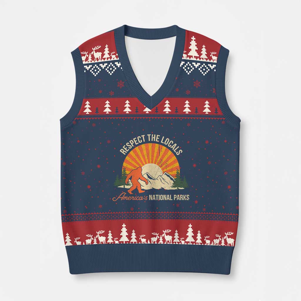 Respect The Locals V-Neck Knit Sweater Vest America's National Parks Vintage Bigfoot - Wonder Print Shop