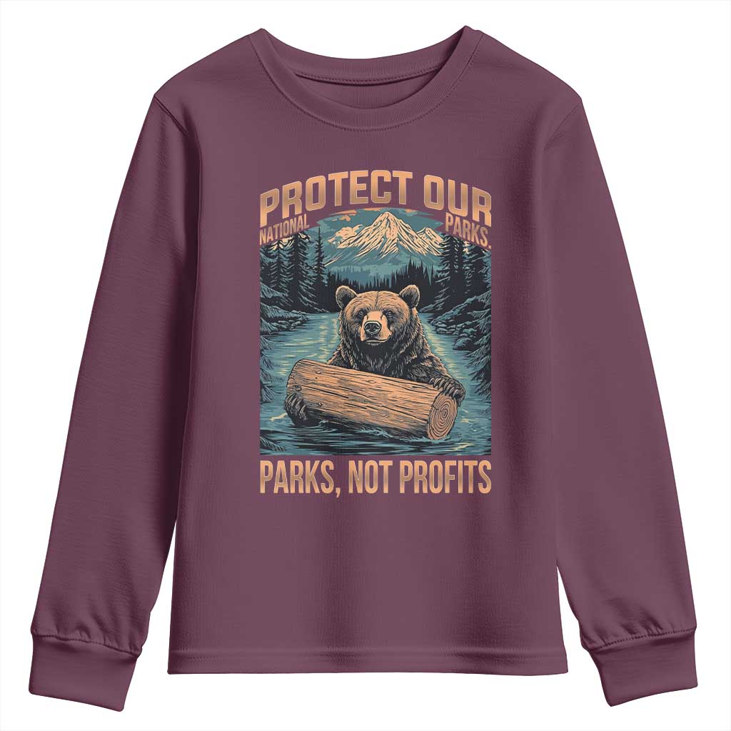Protect Our National Parks Youth Sweatshirt Parks Not Profits Bear Retro Graphic