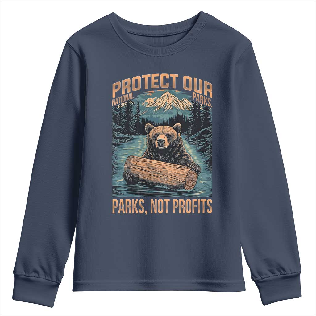Protect Our National Parks Youth Sweatshirt Parks Not Profits Bear Retro Graphic