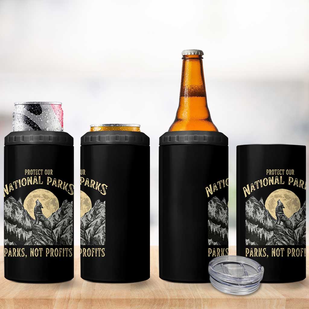 Protect Our National Parks 4 in 1 Can Cooler Tumbler Parks Not Profits Wolf Retro Graphic