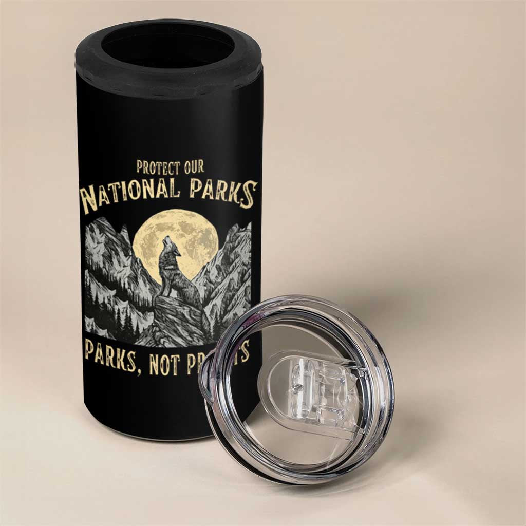 Protect Our National Parks 4 in 1 Can Cooler Tumbler Parks Not Profits Wolf Retro Graphic