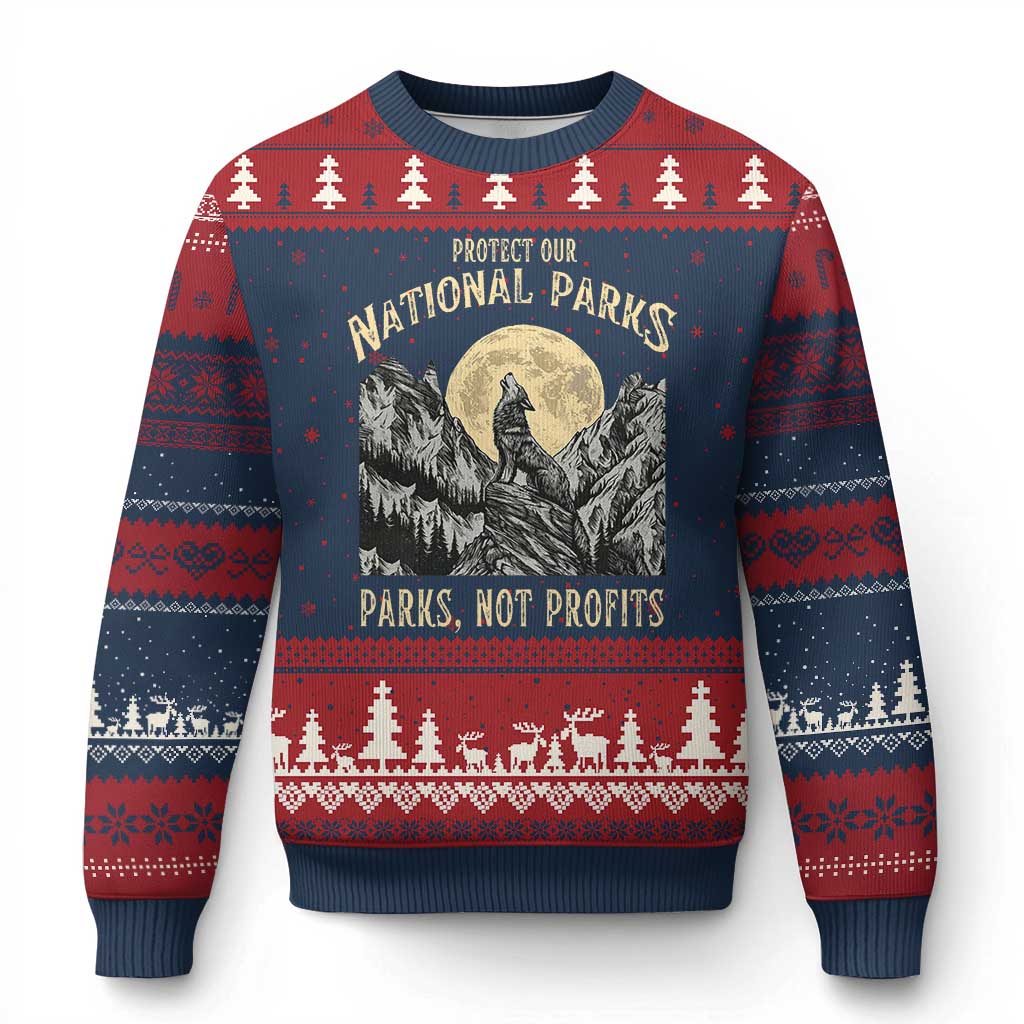 Protect Our National Parks Ugly Christmas Sweater Parks Not Profits Wolf Retro Graphic - Wonder Print Shop