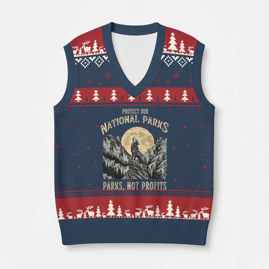 Protect Our National Parks V-Neck Knit Sweater Vest Parks Not Profits Wolf Retro Graphic - Wonder Print Shop