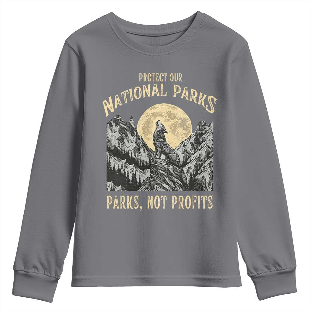 Protect Our National Parks Youth Sweatshirt Parks Not Profits Wolf Retro Graphic
