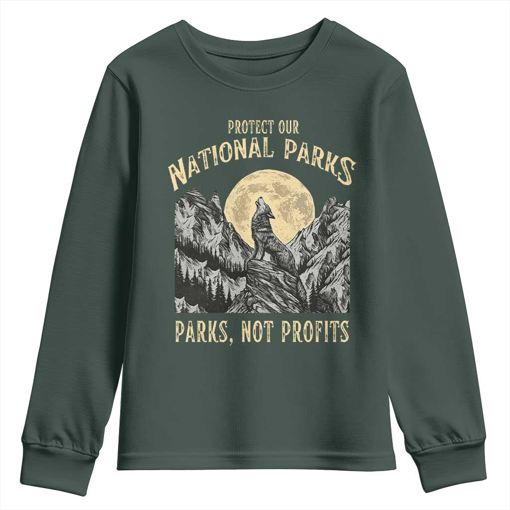 Protect Our National Parks Youth Sweatshirt Parks Not Profits Wolf Retro Graphic