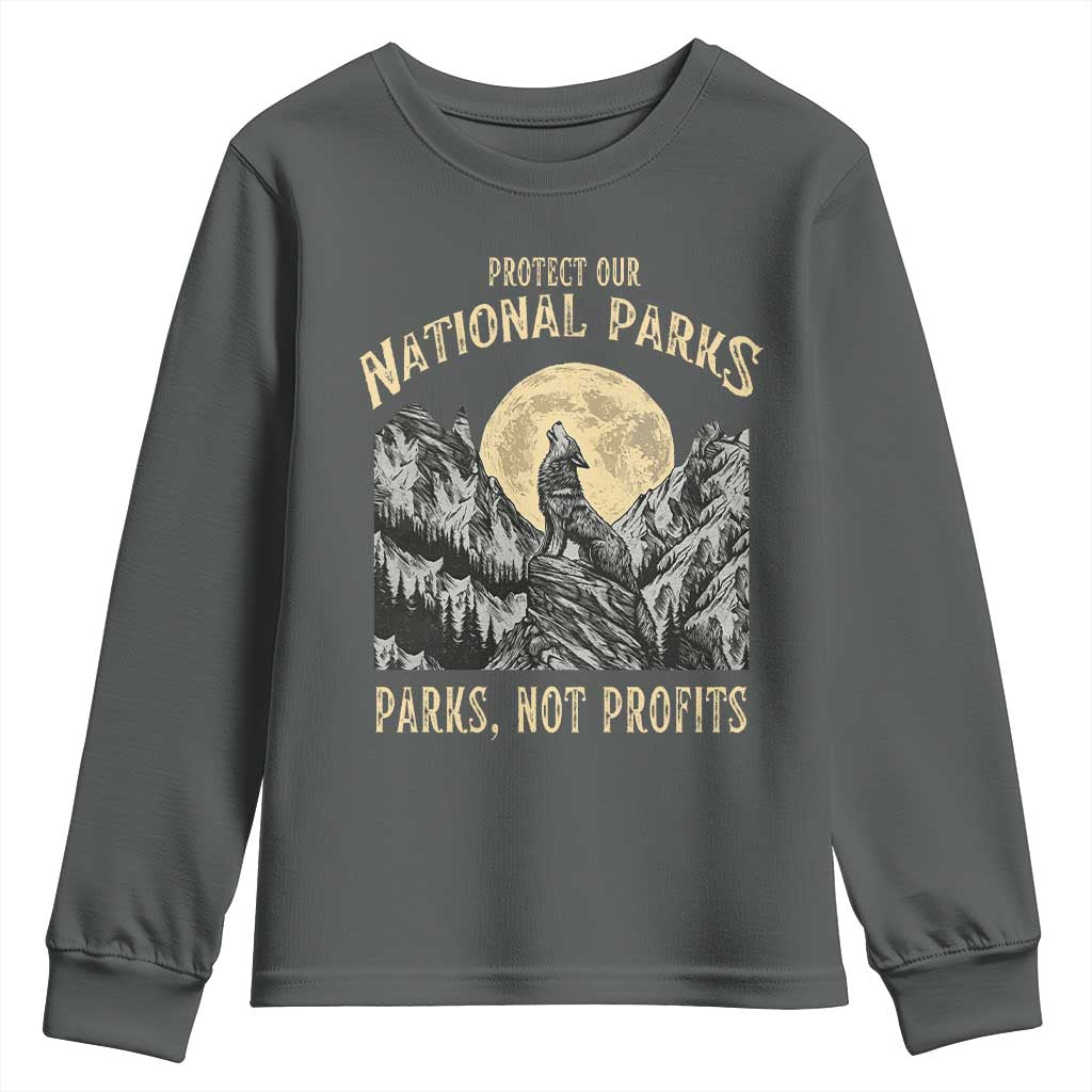 Protect Our National Parks Youth Sweatshirt Parks Not Profits Wolf Retro Graphic
