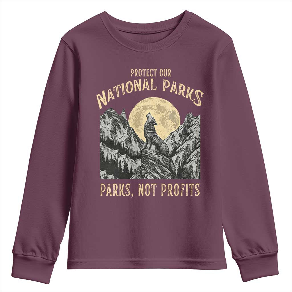 Protect Our National Parks Youth Sweatshirt Parks Not Profits Wolf Retro Graphic
