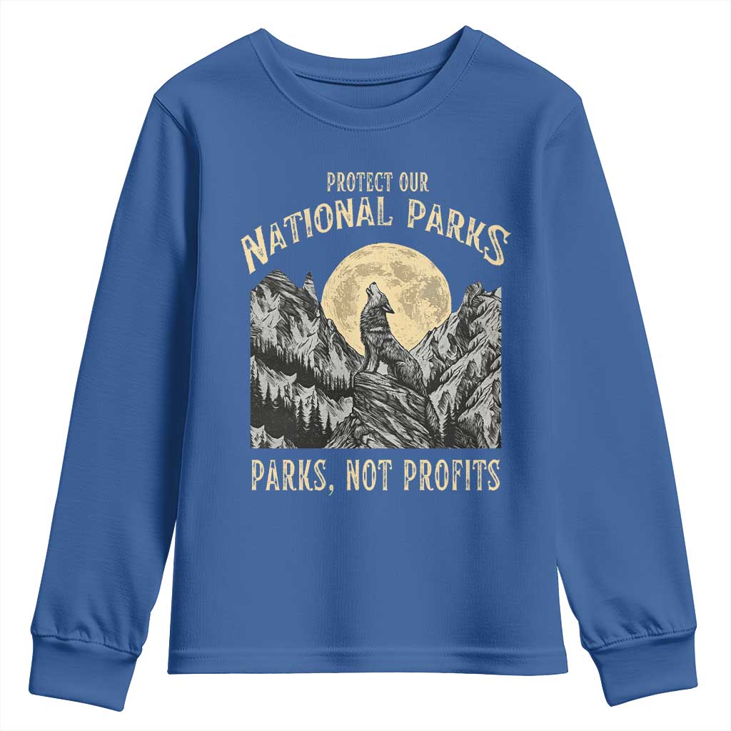 Protect Our National Parks Youth Sweatshirt Parks Not Profits Wolf Retro Graphic