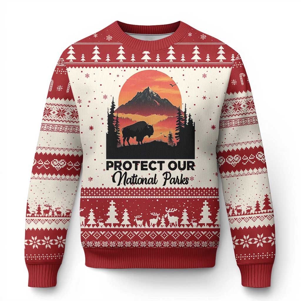 Protect Our National Parks Ugly Christmas Sweater Bison Buffalo Vintage Graphic - Wonder Print Shop