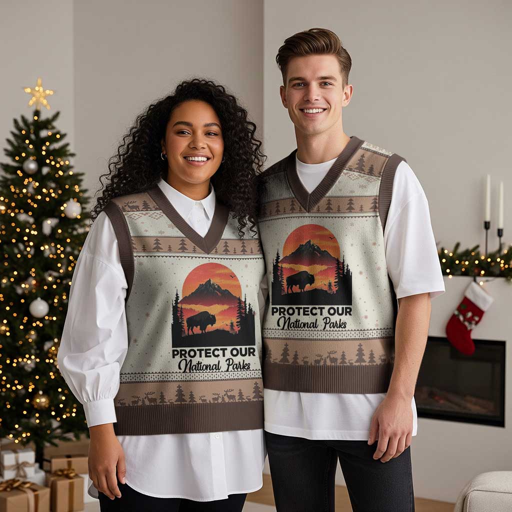 Protect Our National Parks V-Neck Knit Sweater Vest Bison Buffalo Vintage Graphic - Wonder Print Shop