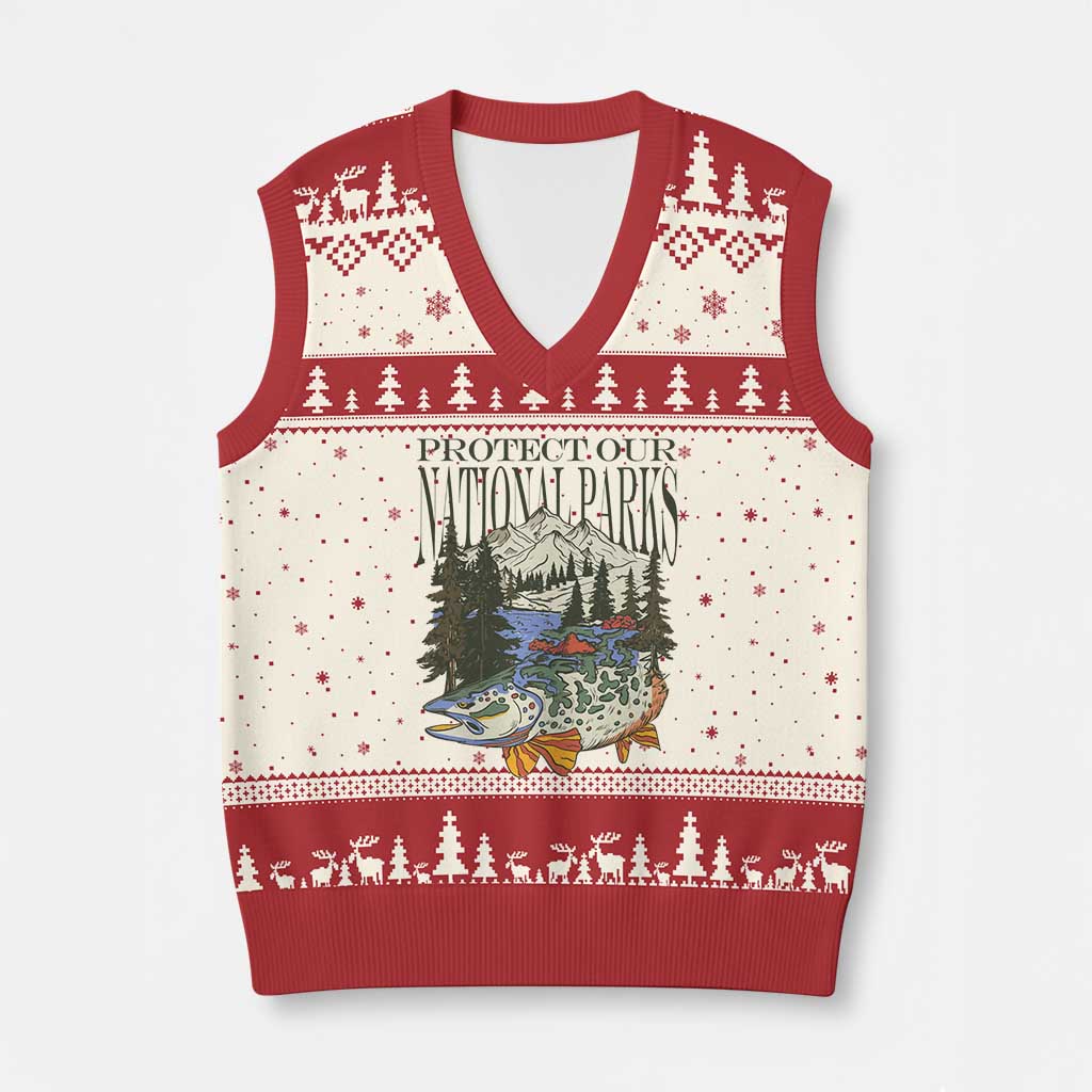 Protect Our National Parks V-Neck Knit Sweater Vest Wildlife Fishing Outdoor Adventure Retro - Wonder Print Shop