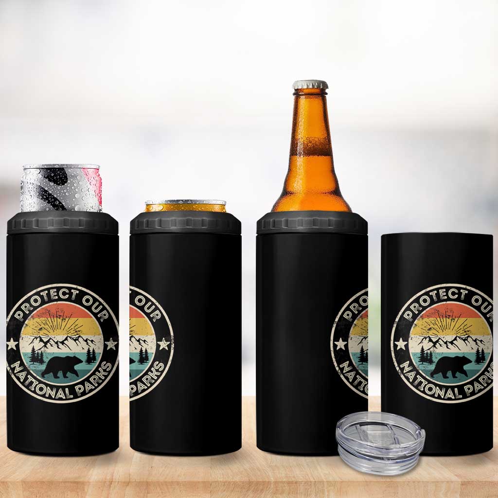Protect Our National Parks 4 in 1 Can Cooler Tumbler Bear Wildlife Retro Mountain Graphic