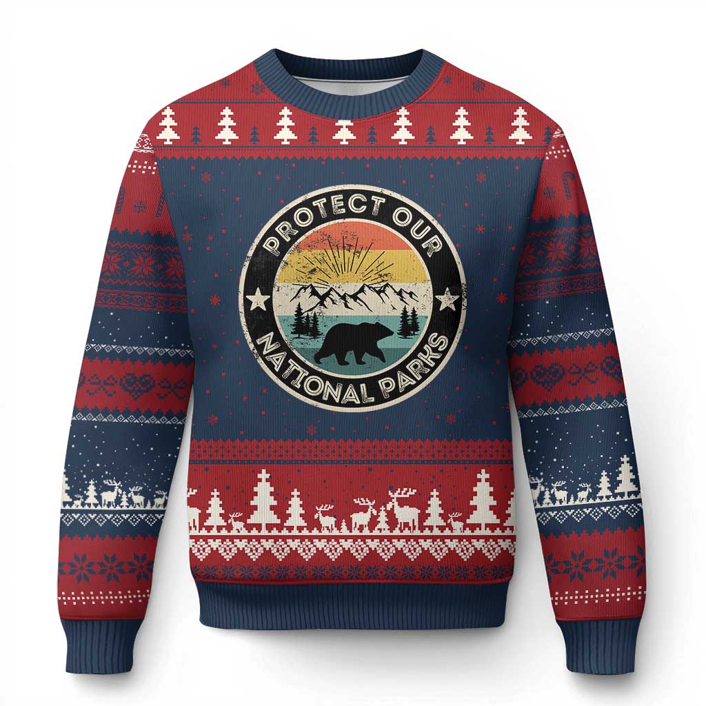 Protect Our National Parks Ugly Christmas Sweater Bear Wildlife Retro Mountain Graphic - Wonder Print Shop