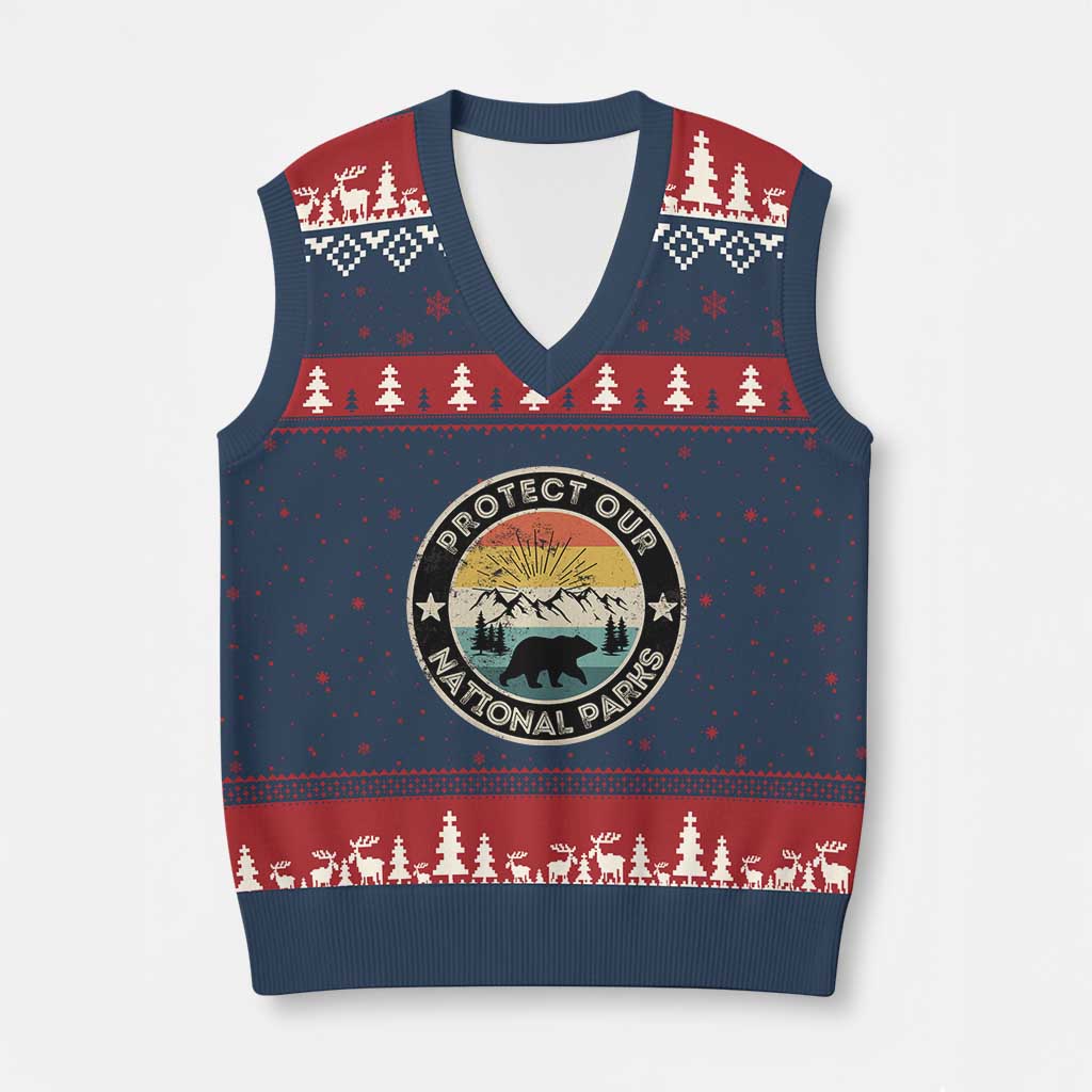 Protect Our National Parks V-Neck Knit Sweater Vest Bear Wildlife Retro Mountain Graphic - Wonder Print Shop