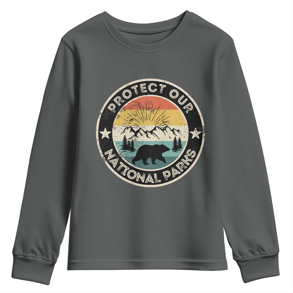 Protect Our National Parks Youth Sweatshirt Bear Wildlife Retro Mountain Graphic