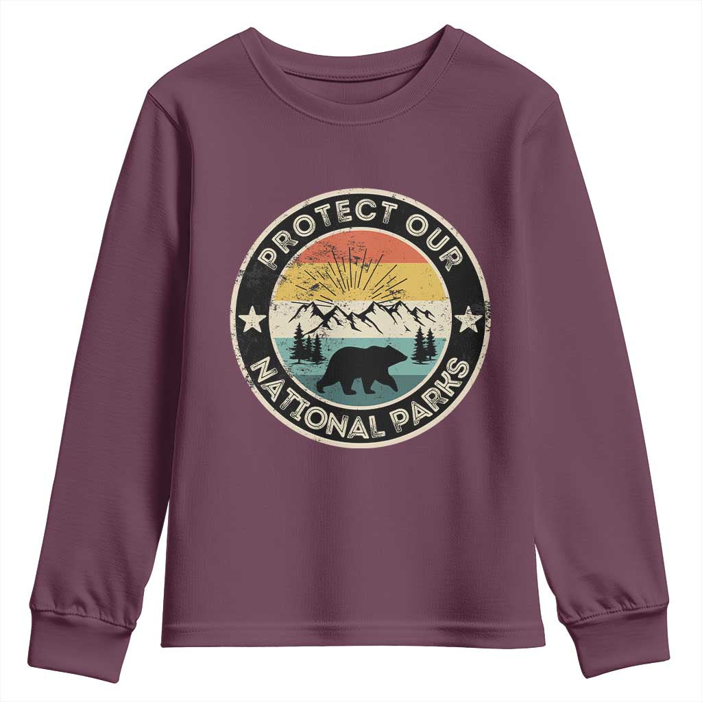 Protect Our National Parks Youth Sweatshirt Bear Wildlife Retro Mountain Graphic
