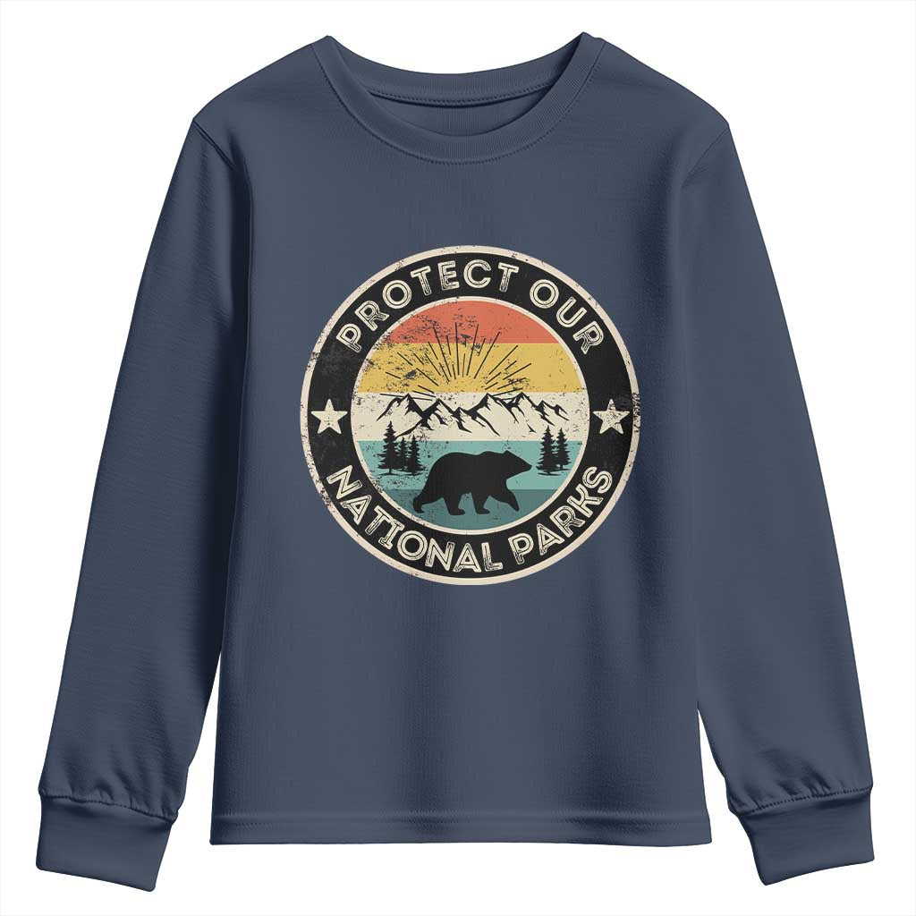 Protect Our National Parks Youth Sweatshirt Bear Wildlife Retro Mountain Graphic