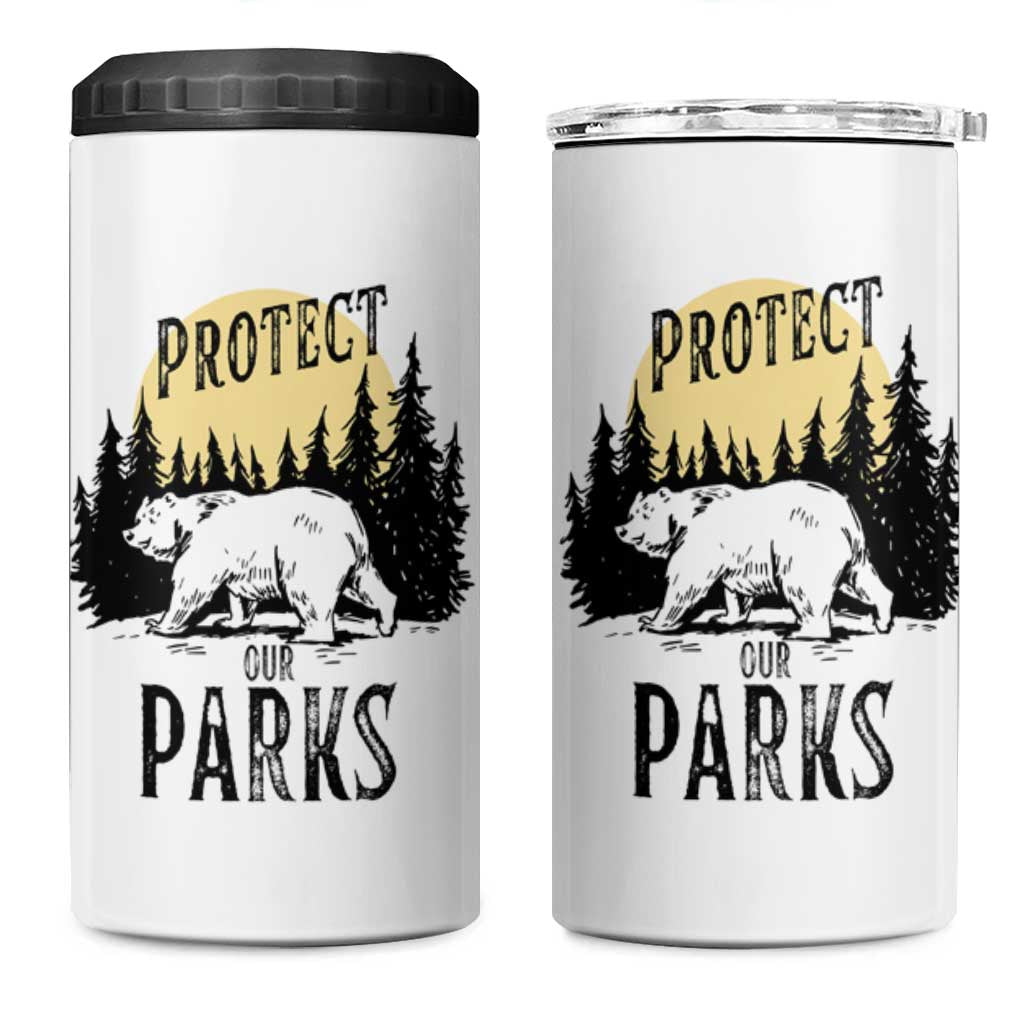 Protect Our Parks 4 in 1 Can Cooler Tumbler Retro Bear Forest Nature Graphic