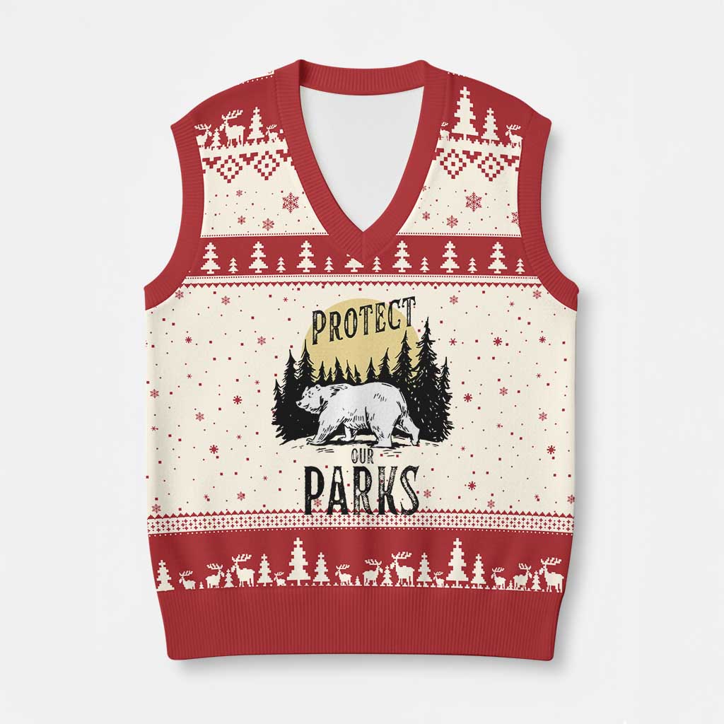 Protect Our Parks V-Neck Knit Sweater Vest Retro Bear Forest Nature Graphic - Wonder Print Shop