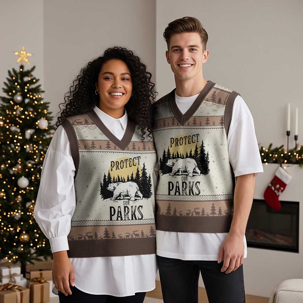 Protect Our Parks V-Neck Knit Sweater Vest Retro Bear Forest Nature Graphic - Wonder Print Shop