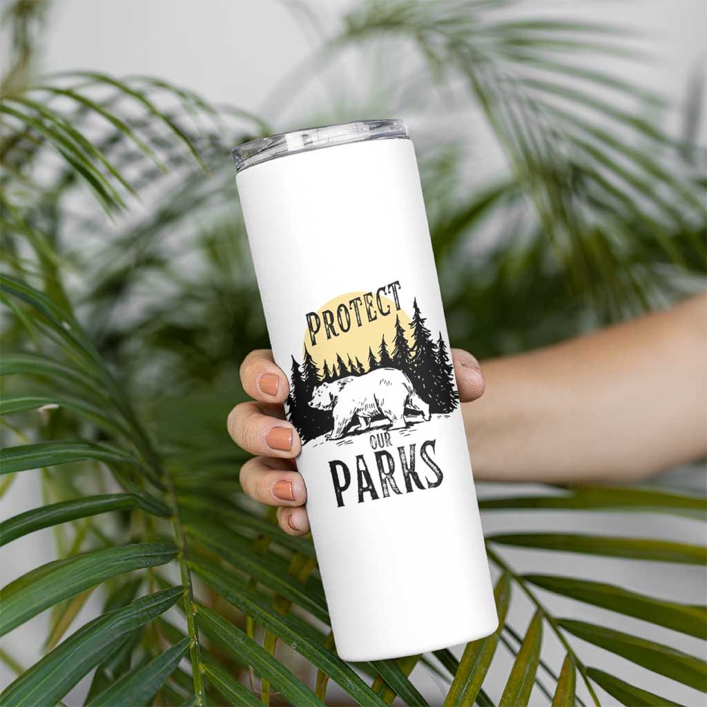 Protect Our Parks Skinny Tumbler Retro Bear Forest Nature Graphic