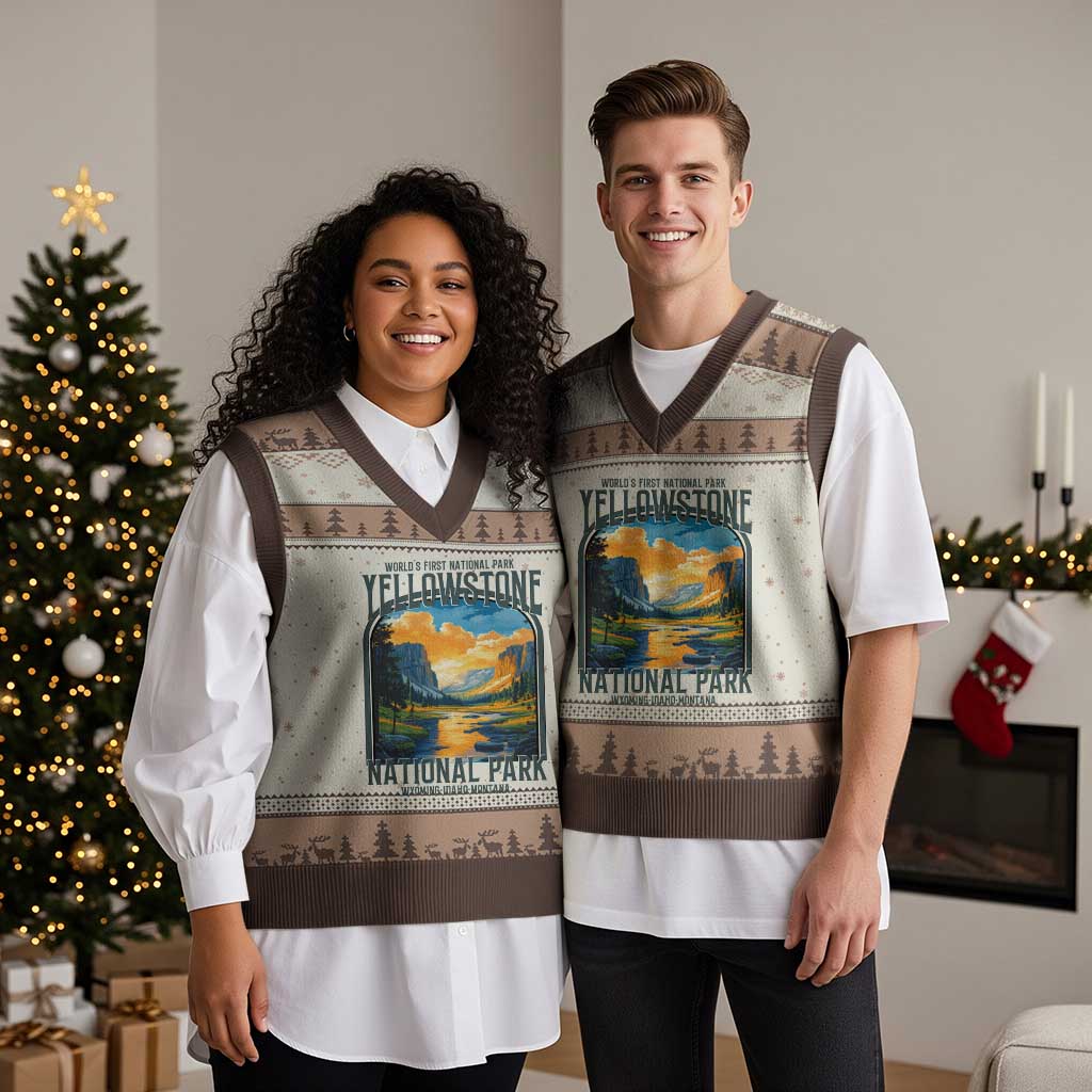 Yellowstone National Park V-Neck Knit Sweater Vest Worlds First NP Retro Vintage Graphic - Wonder Print Shop
