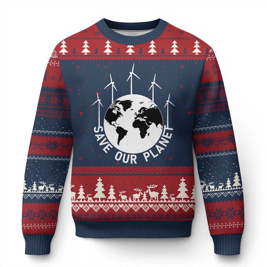 Save Our Planet Ugly Christmas Sweater Wind Power Electricity Earth Day 2025 - Wonder Print Shop