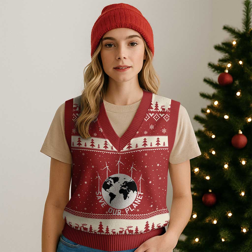 Save Our Planet V-Neck Knit Sweater Vest Wind Power Electricity Earth Day 2025 - Wonder Print Shop