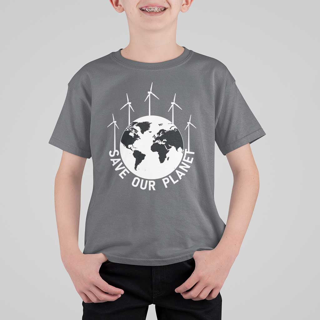 Save Our Planet T Shirt For Kid Wind Power Electricity Earth Day 2025