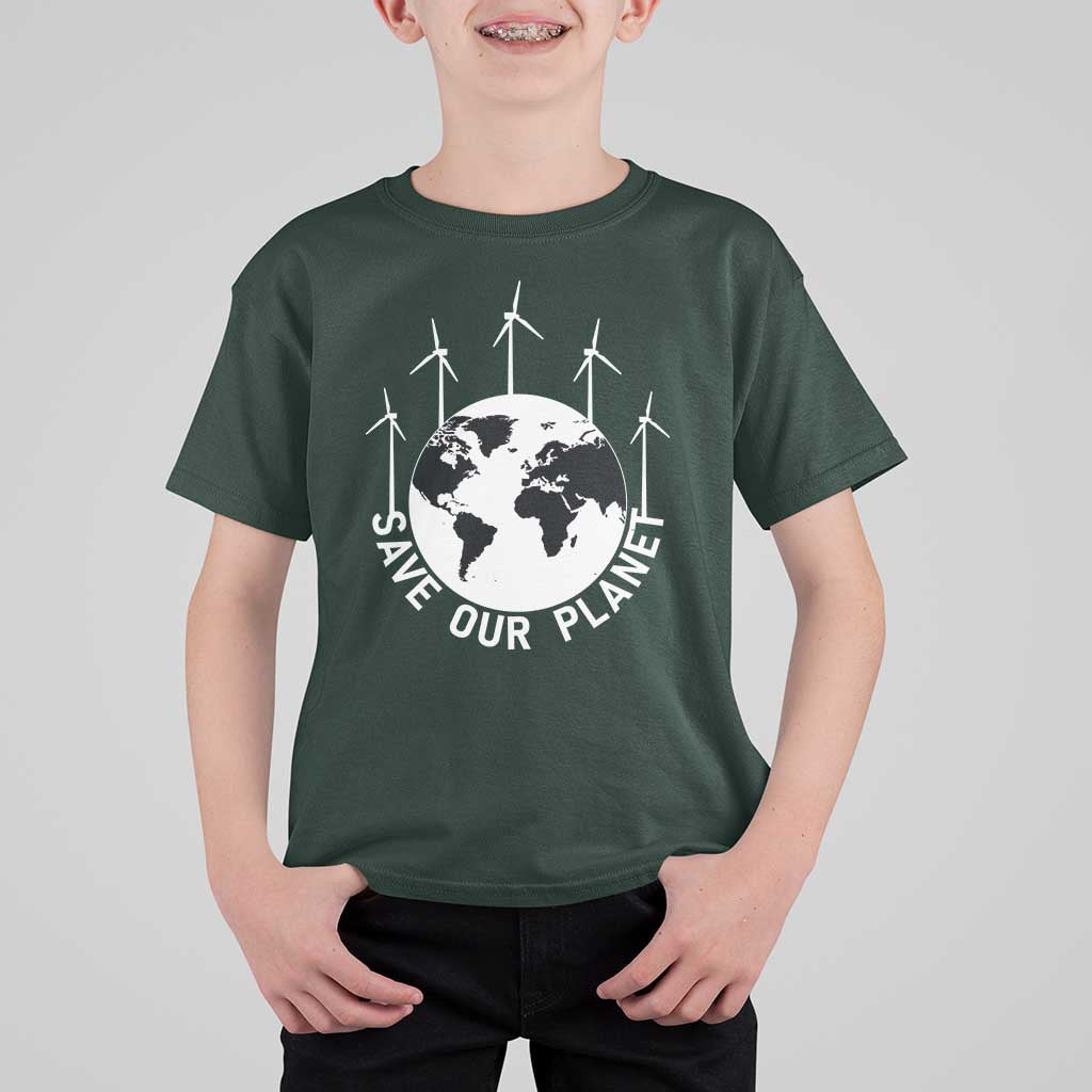 Save Our Planet T Shirt For Kid Wind Power Electricity Earth Day 2025