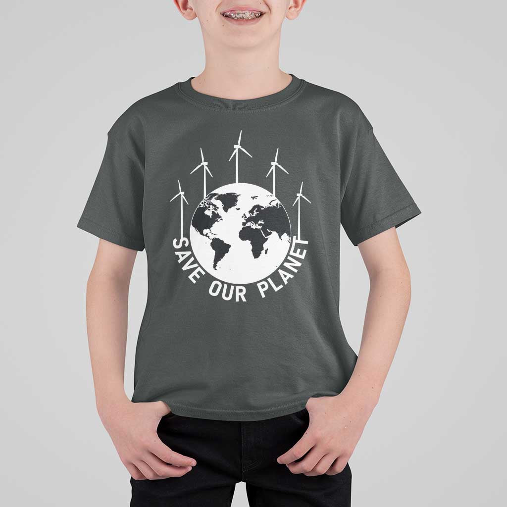 Save Our Planet T Shirt For Kid Wind Power Electricity Earth Day 2025
