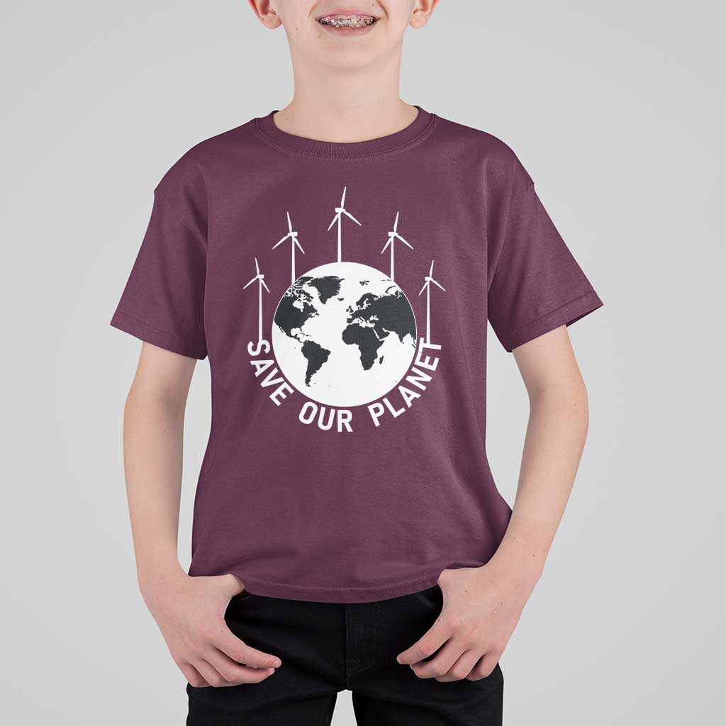 Save Our Planet T Shirt For Kid Wind Power Electricity Earth Day 2025