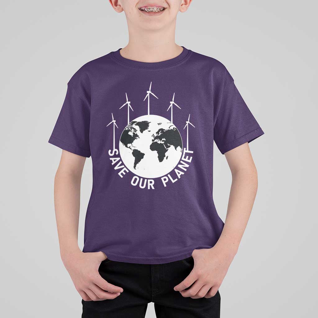 Save Our Planet T Shirt For Kid Wind Power Electricity Earth Day 2025
